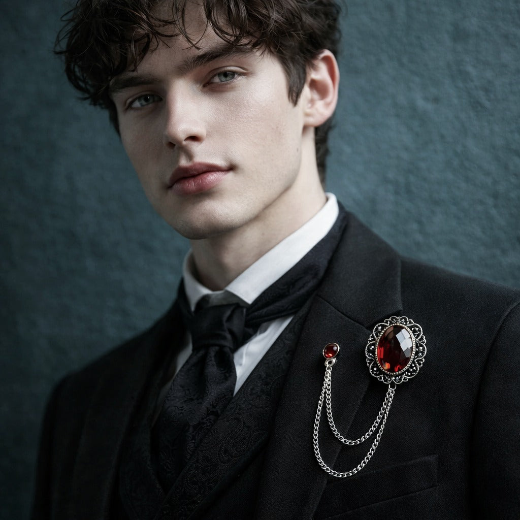 Men's Baroque Crystal Classic Vintage Chain Link Lapel Pin Brooch