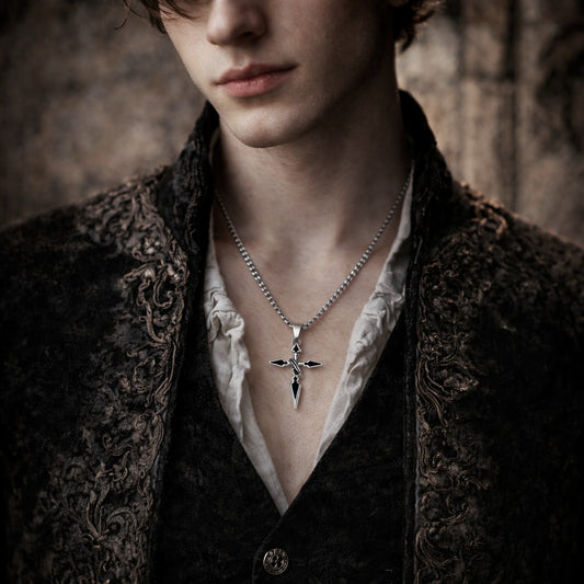 Sleek Black & Silver Arrow Shaped Religious Cross Necklace