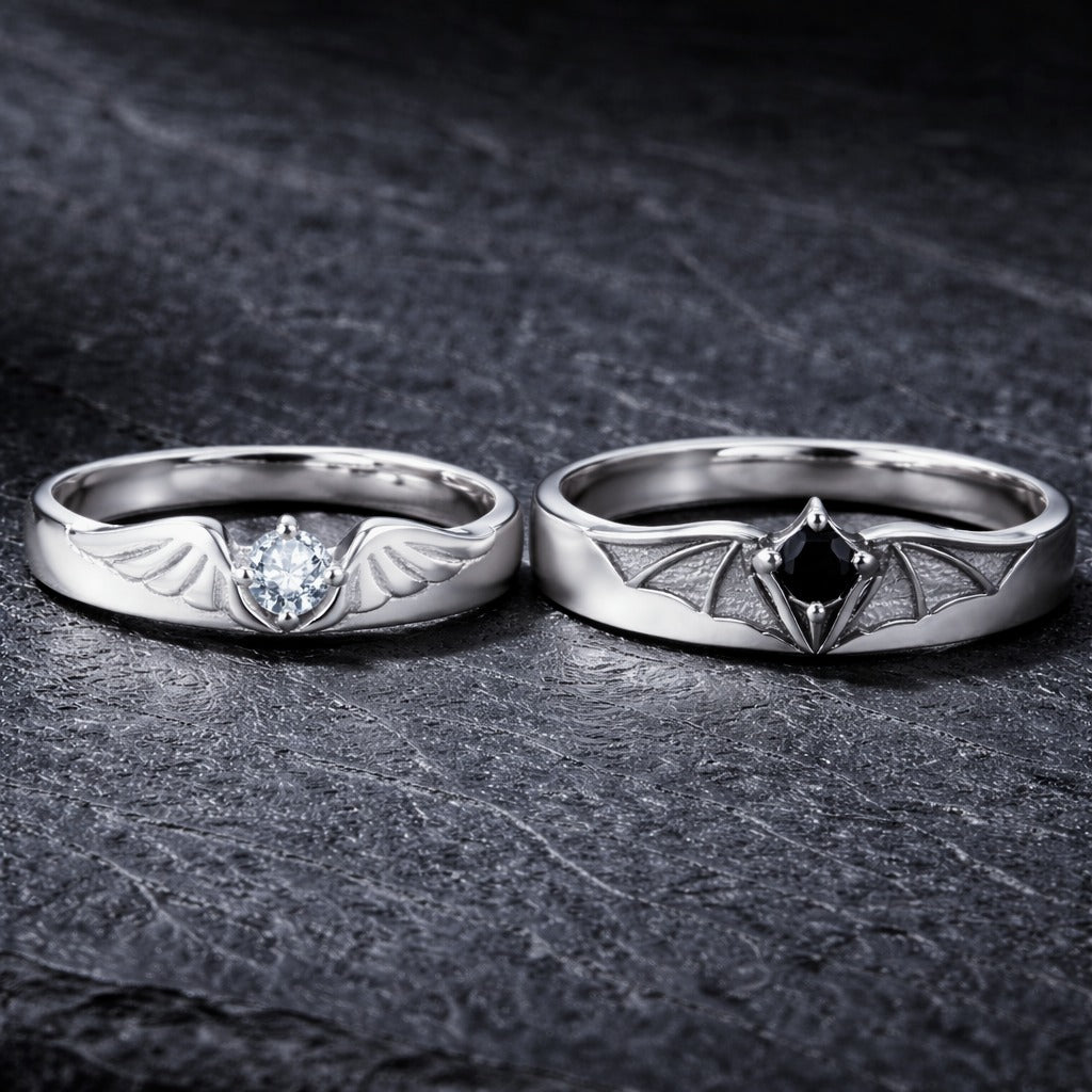 Gothic Angel & Demons Wings Crystal Encrusted Matching Couple Rings
