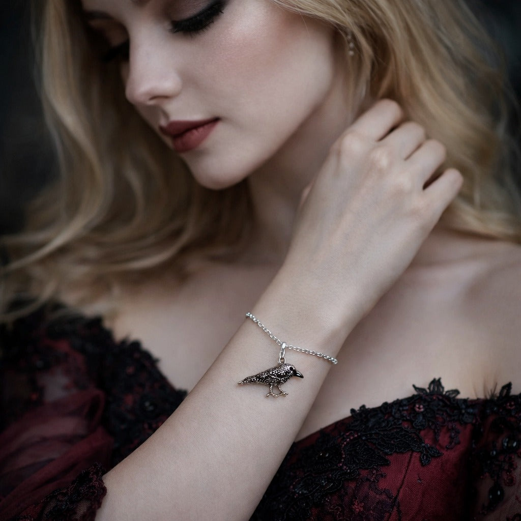 925 Sterling Silver Black Zircon Encrusted Gothic Crow Pendant Charm