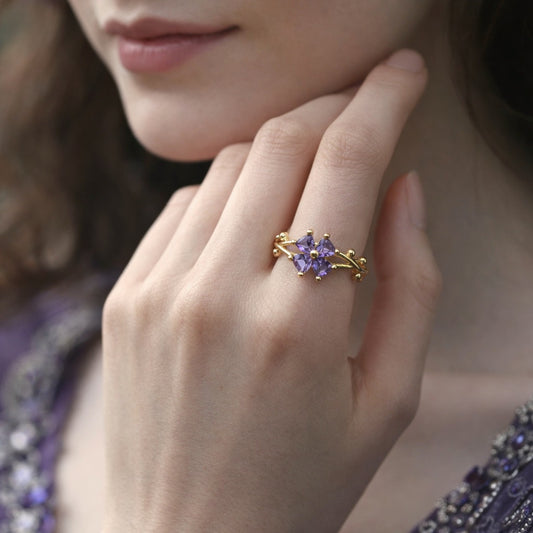 Marquise-Cut Amethyst Flower Women's Ring with Gold Plated Twisted Band
