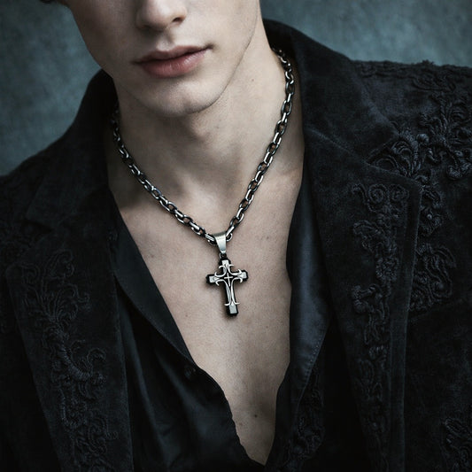 Men's Religious Triple Layered Cross Pendant Necklace with Byzantine Chain