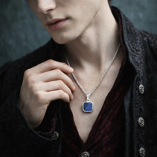 Modern Minimalistic Men's Lapis Lazuli or Black Enamel Square Pendant Necklace