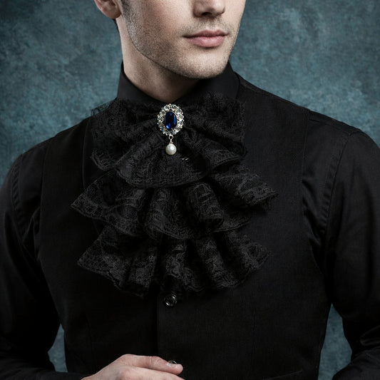 Victorian Ruffled Lace Jabot Collar with Brooch Detail