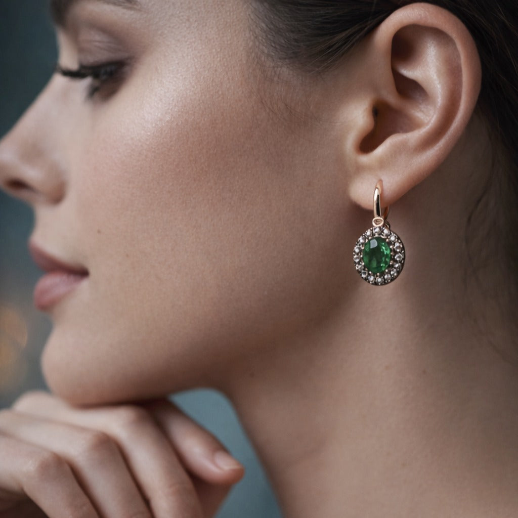 18K Rose & White Gold Round Brown Diamonds & Green Tsavorite Halo Drop Earrings