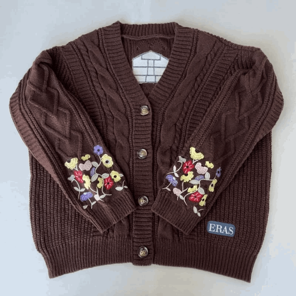 Taylor Swift Eras Tour Embroidered Wild Flowers Women's Brown Knitted Cardigan - Lovez Aqua© -