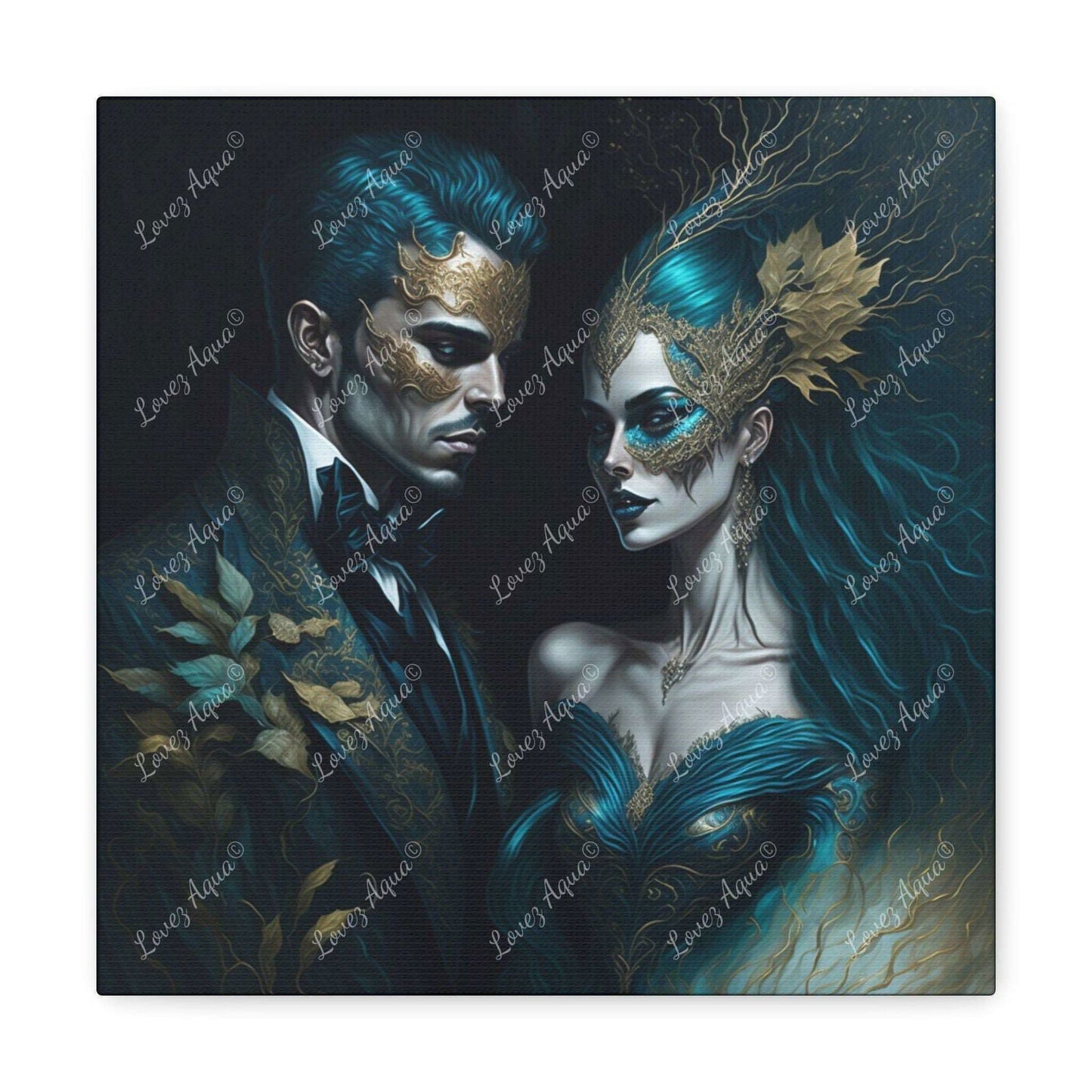 "Venetian Enchantment" Romantic Couple Aqua Masquerade Mask Painting Lovez Aqua© - Lovez Aqua© - 12″ x 12″ / 1.25"