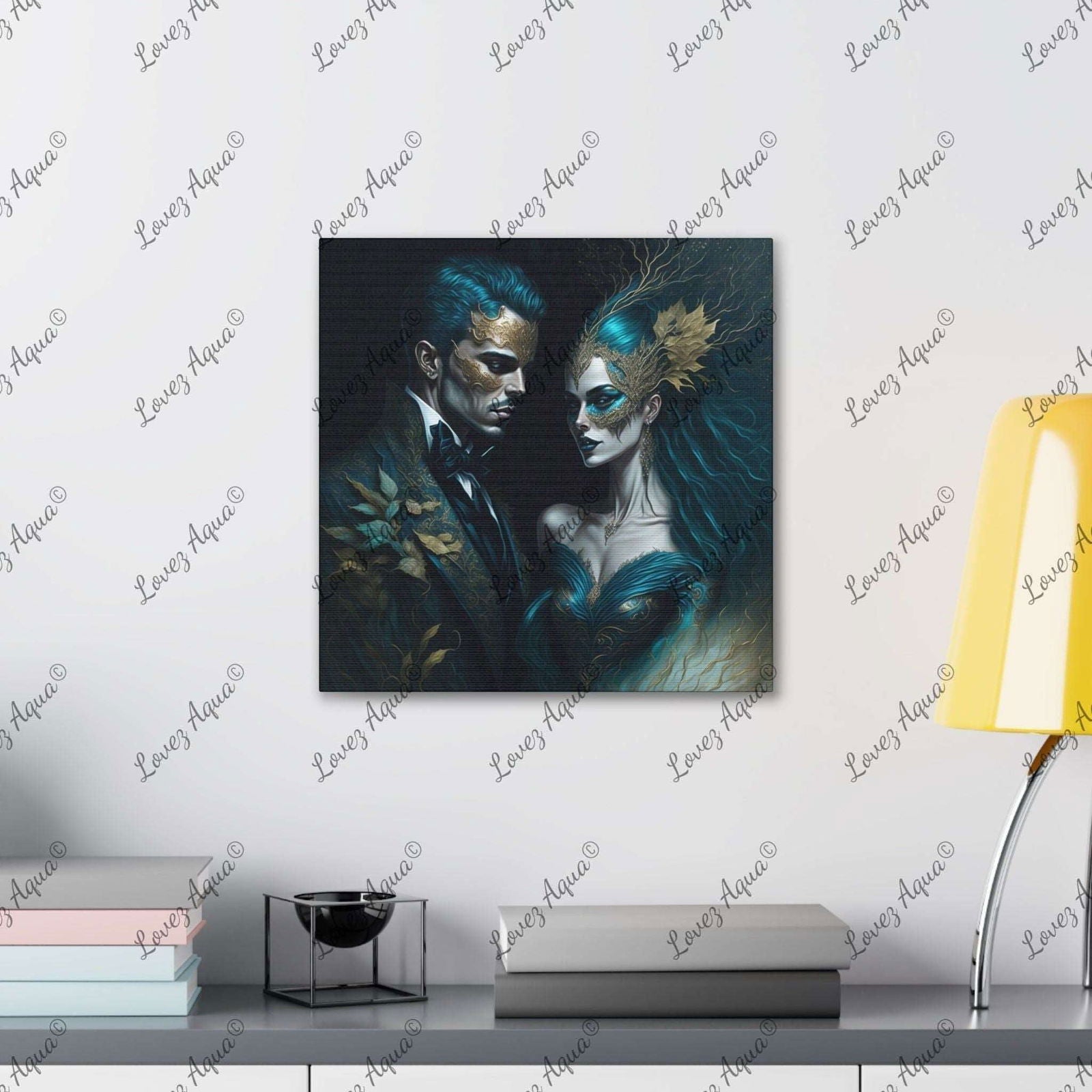 "Venetian Enchantment" Romantic Couple Aqua Masquerade Mask Painting Lovez Aqua© - Lovez Aqua© -