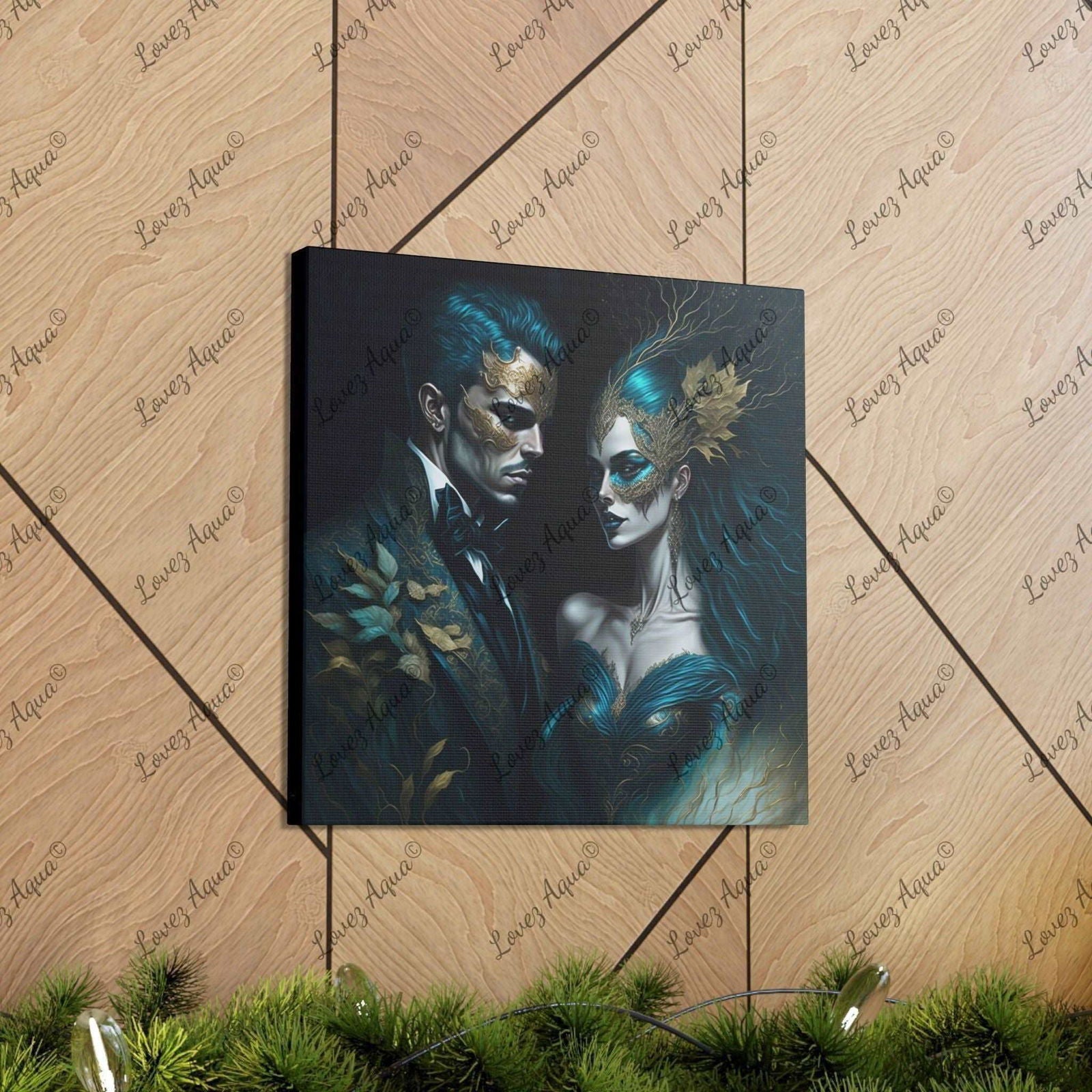 "Venetian Enchantment" Romantic Couple Aqua Masquerade Mask Painting Lovez Aqua© - Lovez Aqua© -