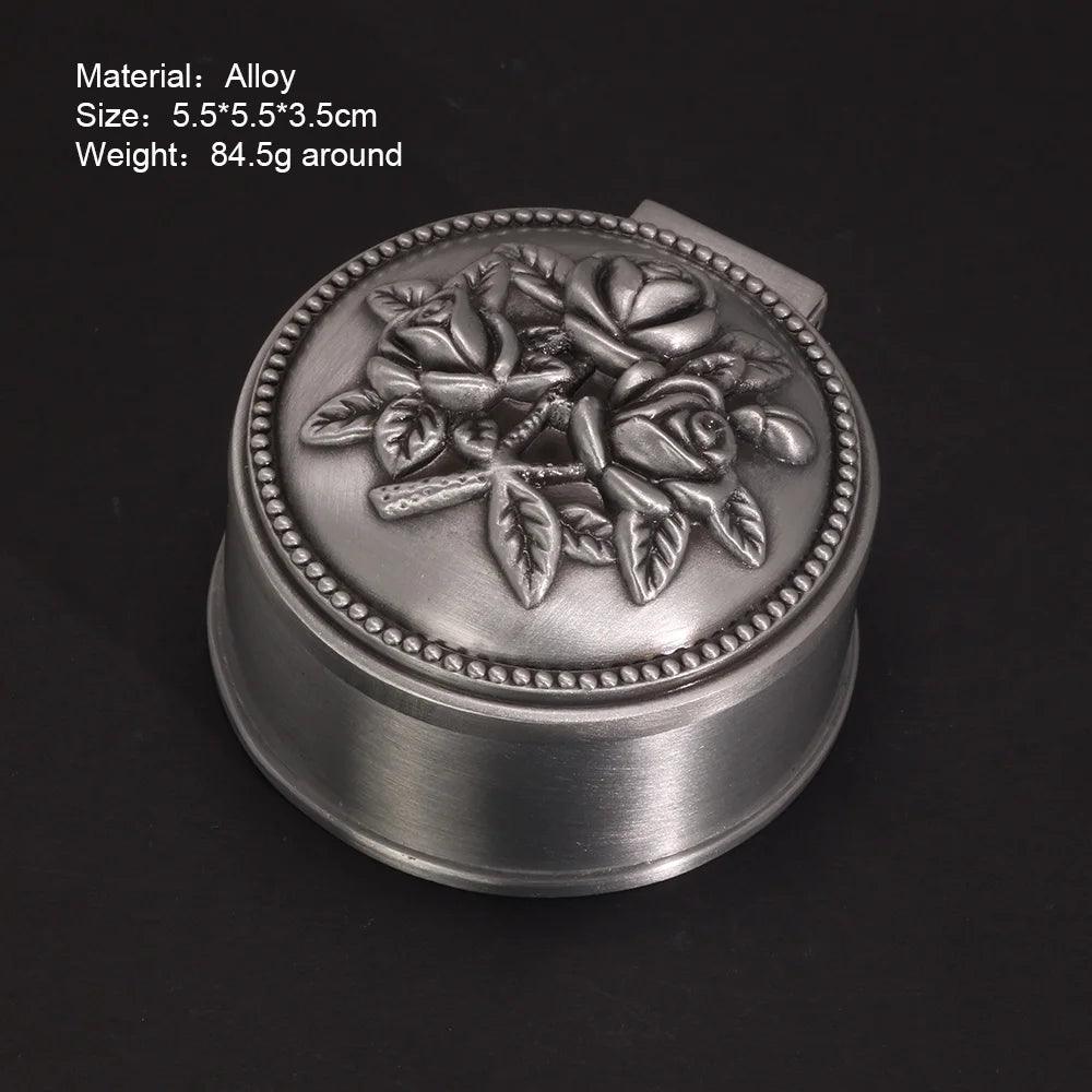 Vintage Engraved Metal Alloy Antique Jewelry Box With Velvet Inner Lining - The Originals - Silver Round Flowers