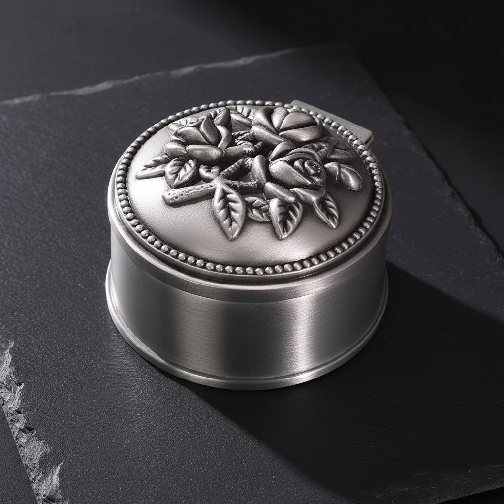 Vintage Engraved Metal Alloy Antique Jewelry Box With Velvet Inner Lining - The Originals - Silver Round Flowers