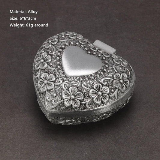 Vintage Engraved Metal Alloy Antique Jewelry Box With Velvet Inner Lining - The Originals - Silver Heart - No Logo