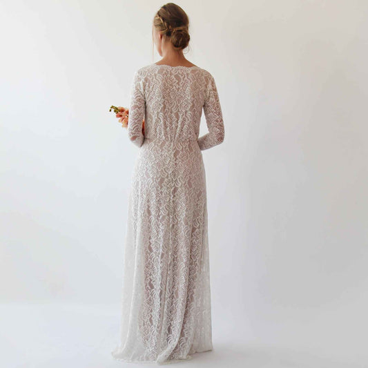 Vintage Style Ivory Lace Wedding Dress With Long Sleeves Lace & Nude Lining