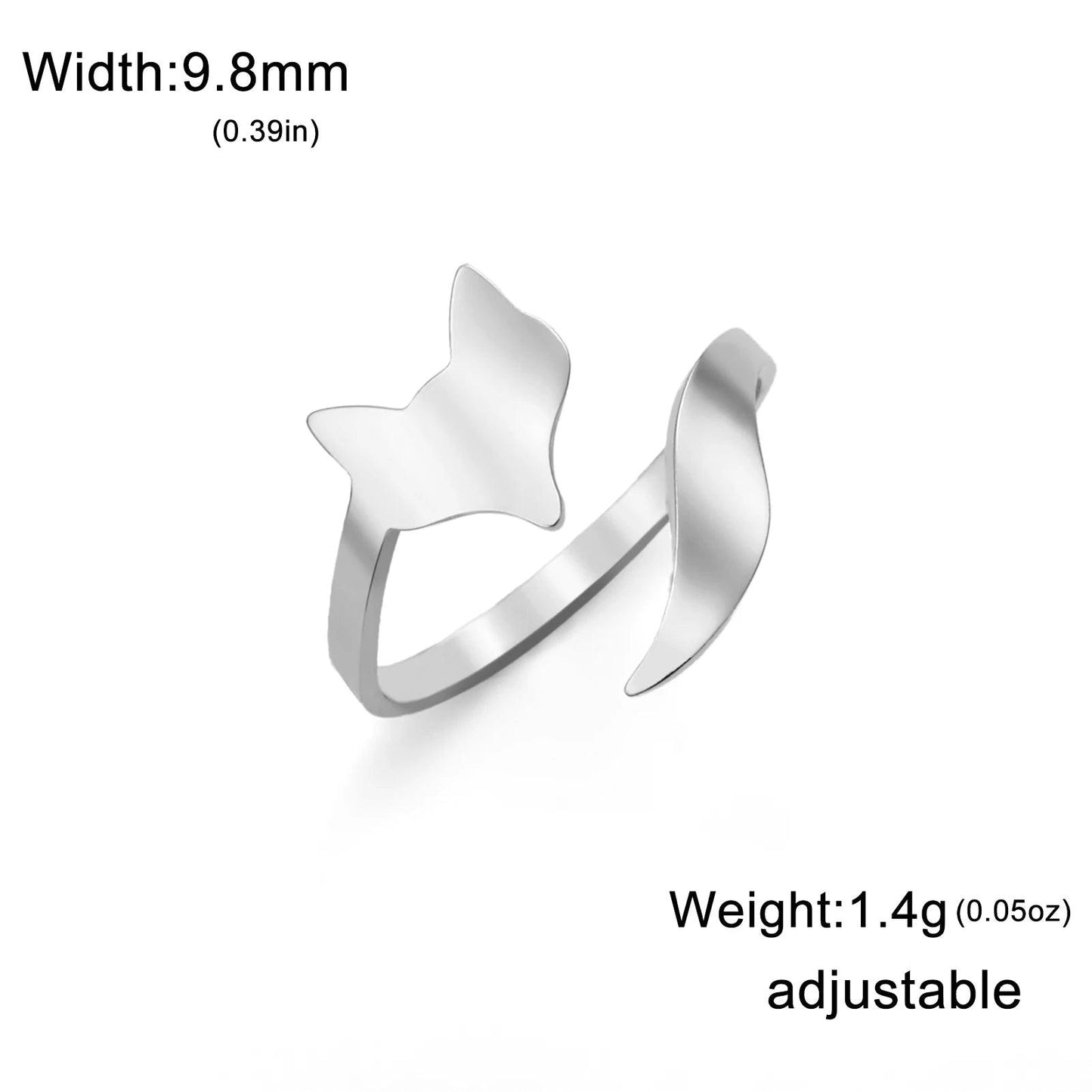 Women's Abstract Minimalist Fox Stainless Steel Adjustable Open Ring - Lovez Aqua© - Silver 2