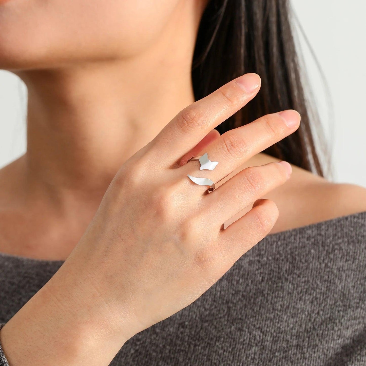 Women's Abstract Minimalist Fox Stainless Steel Adjustable Open Ring - Lovez Aqua© -