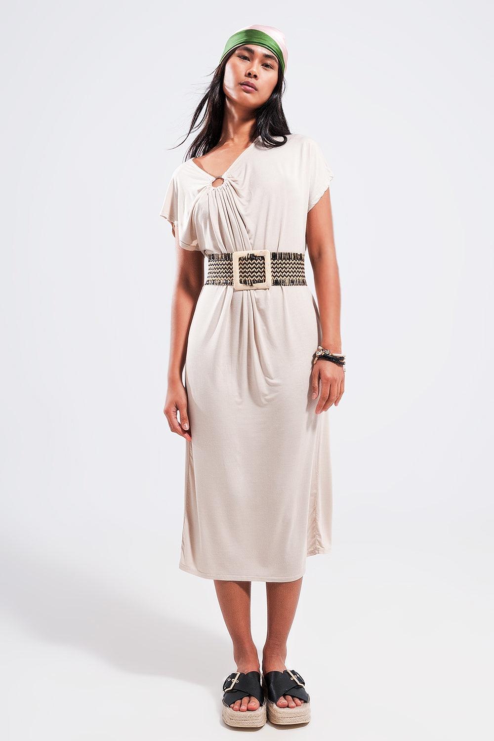 Women's Asymmetric Collar Beige Midi Dress With Belt Detail - Lovez Aqua© -