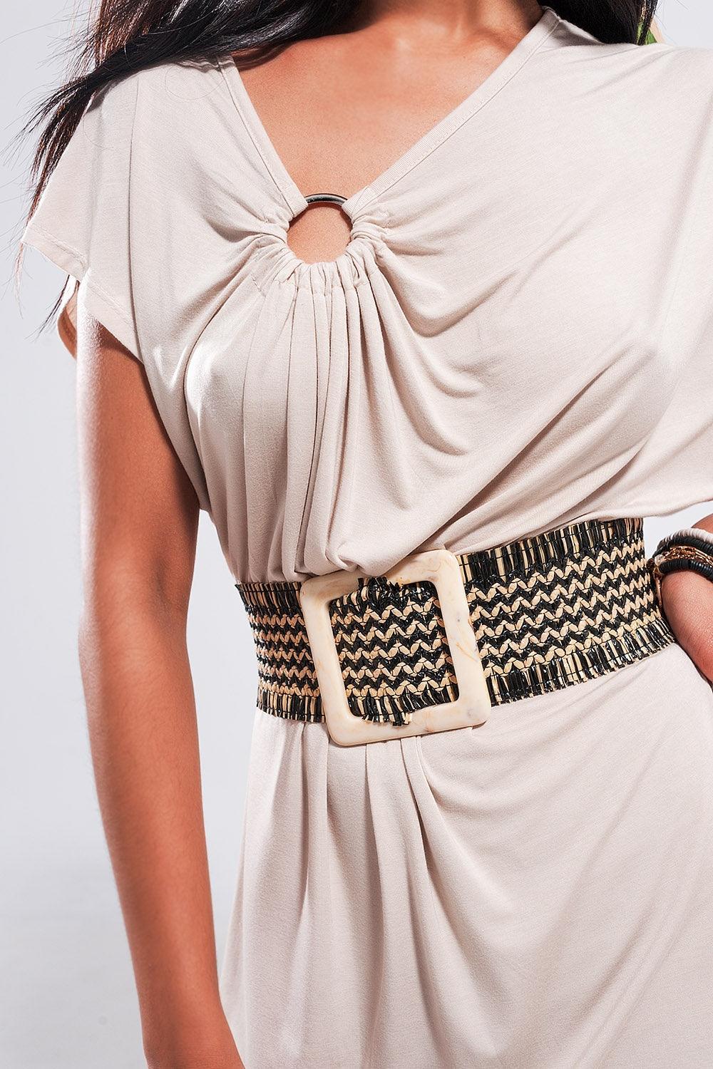 Women's Asymmetric Collar Beige Midi Dress With Belt Detail - Lovez Aqua© -