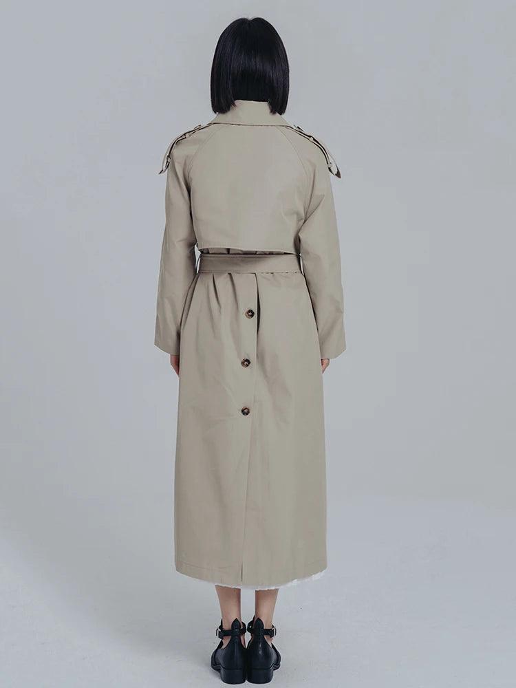Women's Beige & White Long Pleated Trench Coat - Lovez Aqua© -