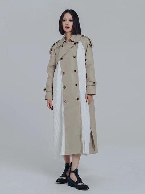 Women's Beige & White Long Pleated Trench Coat - Lovez Aqua© -