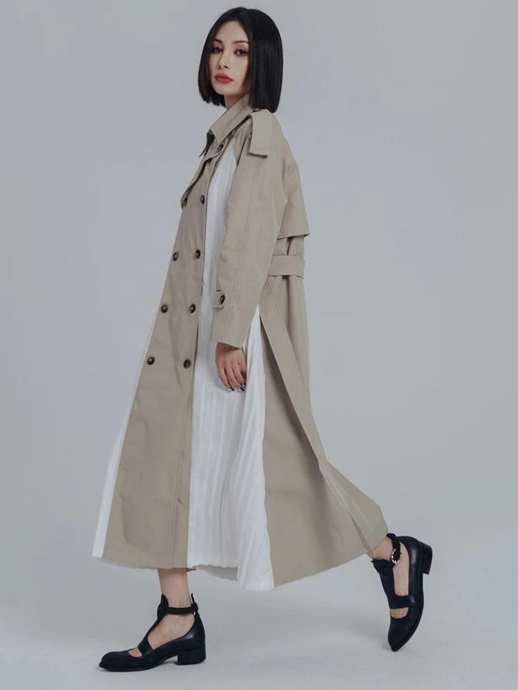 Women's Beige & White Long Pleated Trench Coat - Lovez Aqua© -