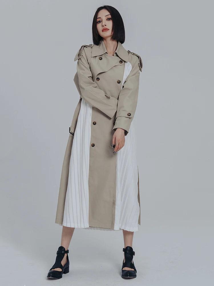 Women's Beige & White Long Pleated Trench Coat - Lovez Aqua© -