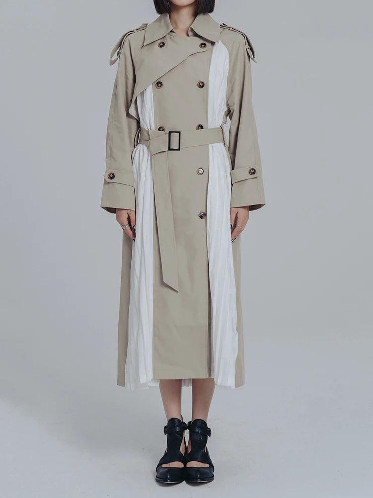 Women's Beige & White Long Pleated Trench Coat - Lovez Aqua© -