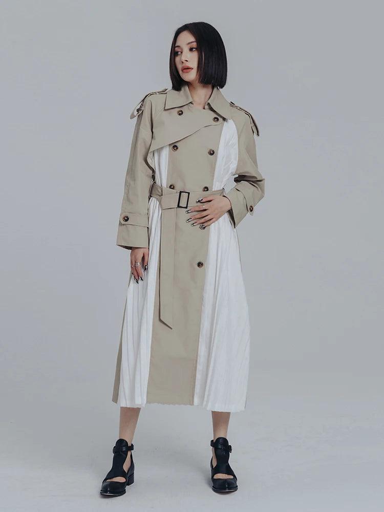Women's Beige & White Long Pleated Trench Coat - Lovez Aqua© -