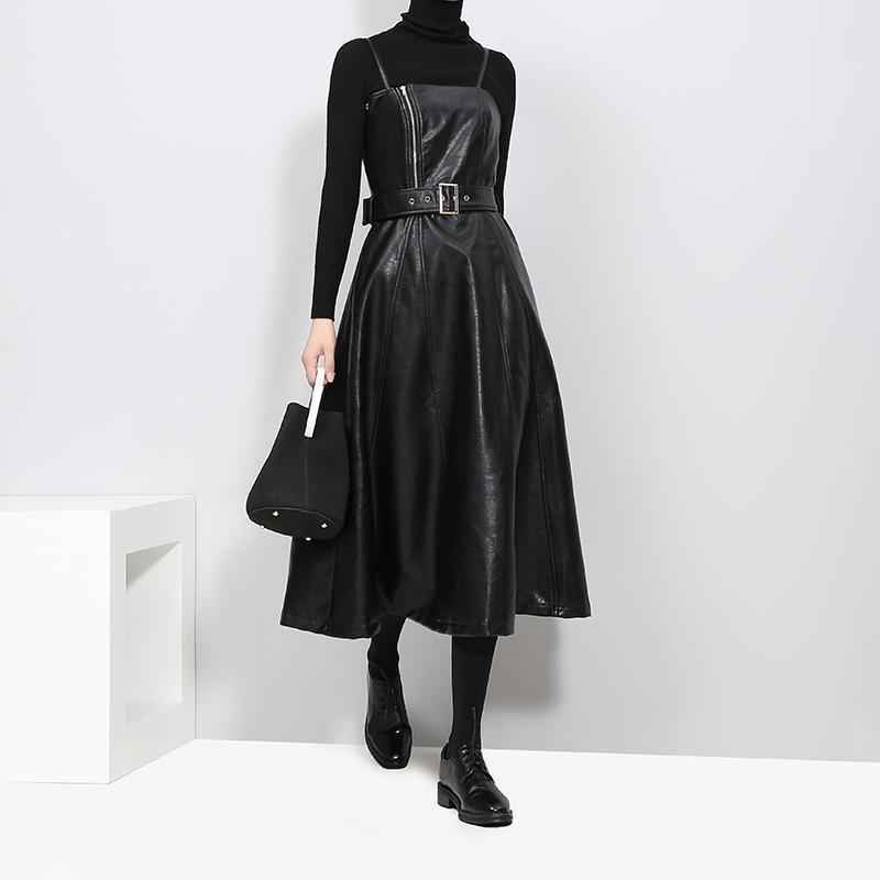 Women's Black A-Line Faux Vegan Leather Midi Dress With Belted Waist
