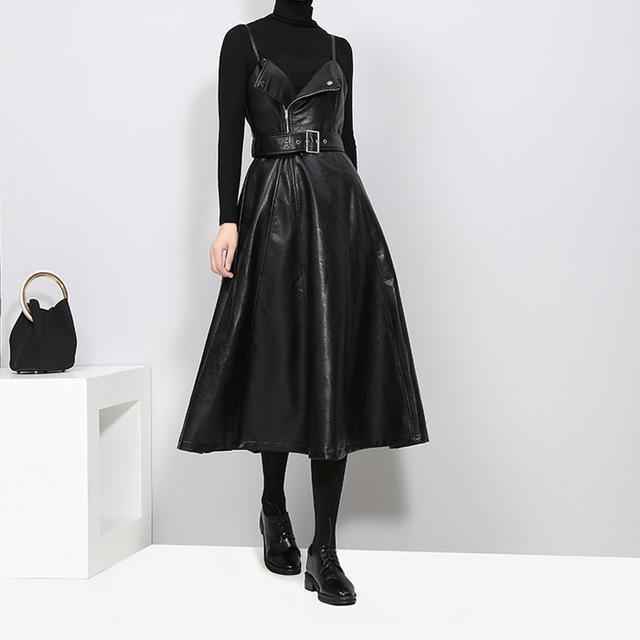 Women's Black A-Line Faux Vegan Leather Midi Dress With Belted Waist