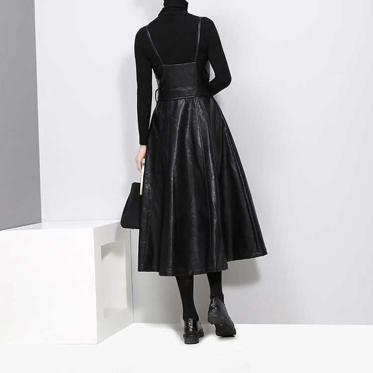 Women's Black A-Line Faux Vegan Leather Midi Dress With Belted Waist - Lovez Aqua© -