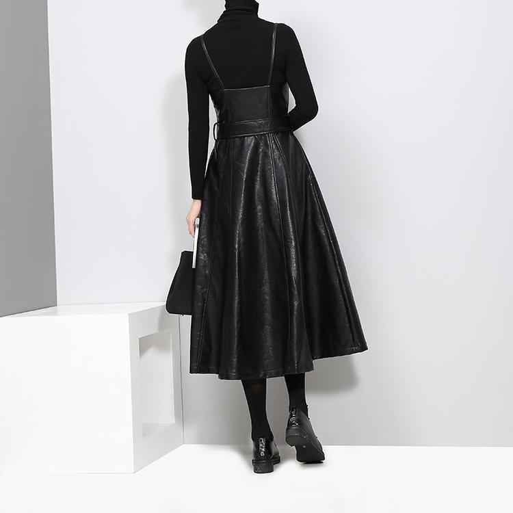 Women's Black A-Line Faux Vegan Leather Midi Dress With Belted Waist