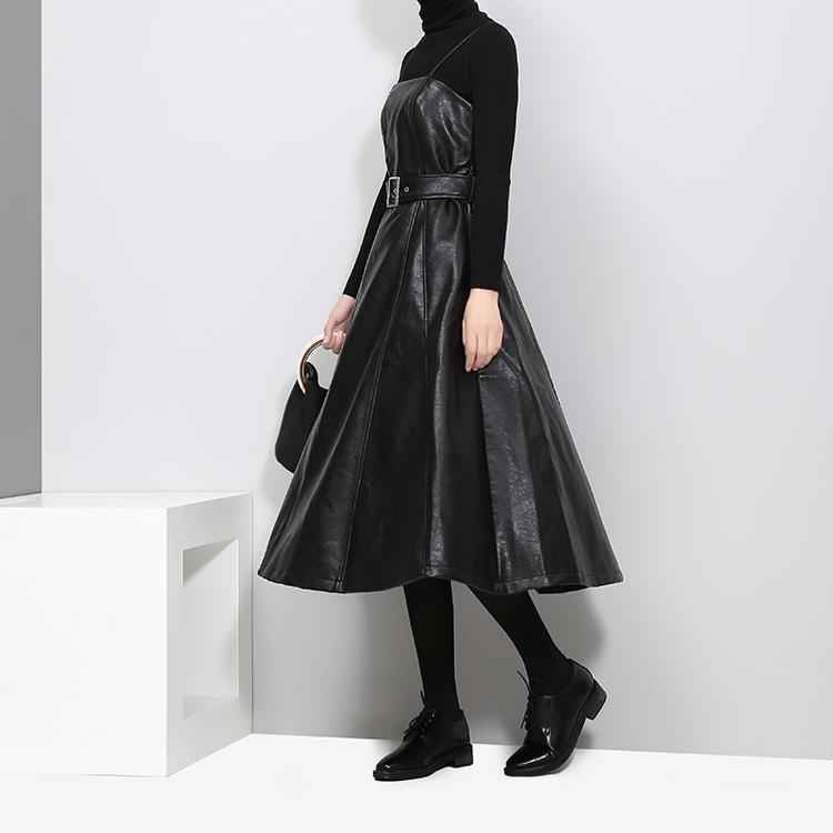 Women's Black A-Line Faux Vegan Leather Midi Dress With Belted Waist