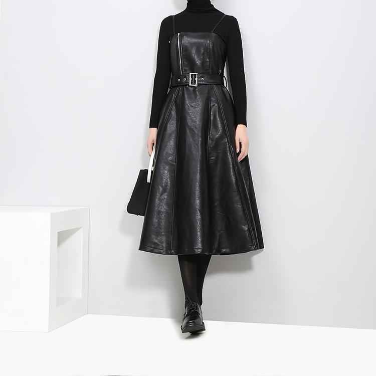 Women's Black A-Line Faux Vegan Leather Midi Dress With Belted Waist