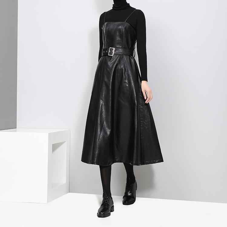 Women's Black A-Line Faux Vegan Leather Midi Dress With Belted Waist