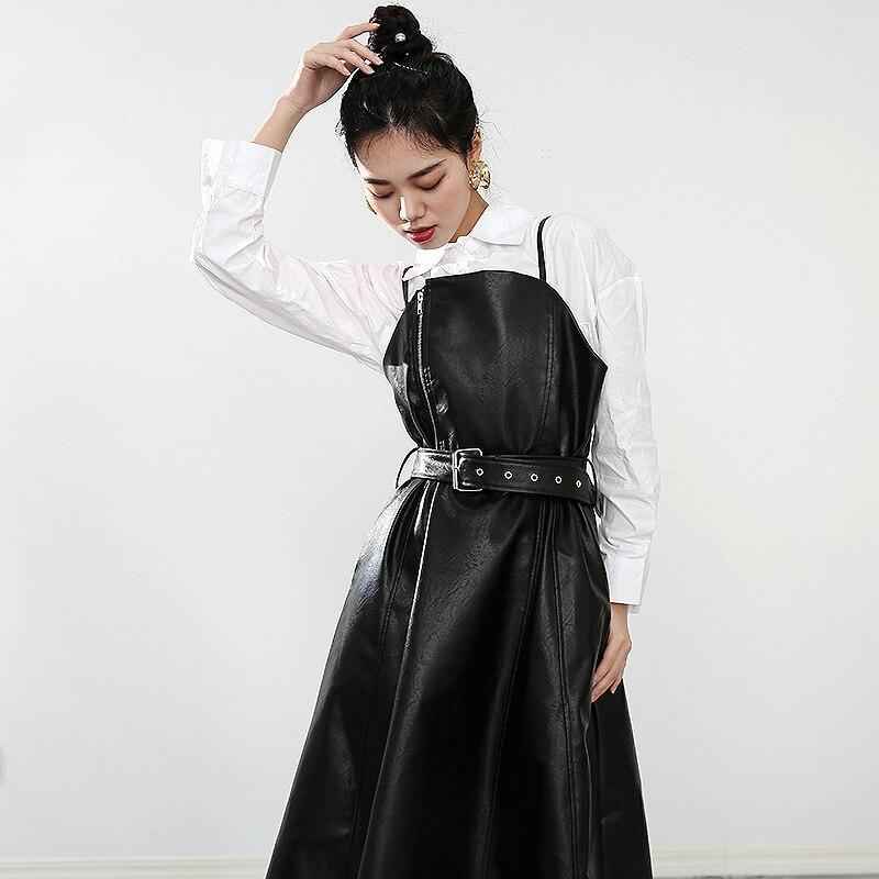 Women's Black A-Line Faux Vegan Leather Midi Dress With Belted Waist