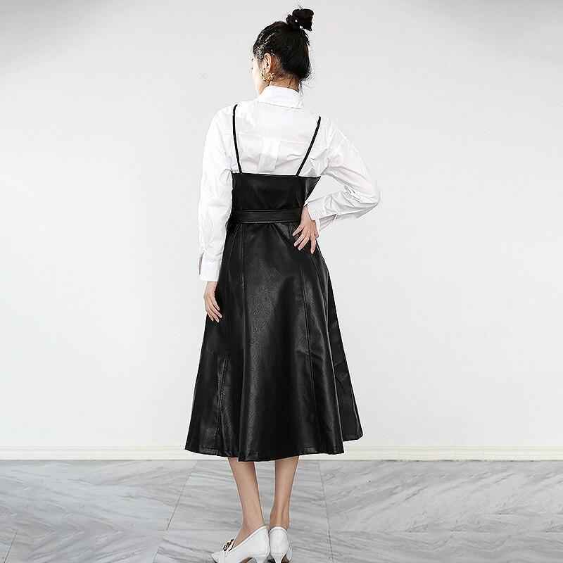 Women's Black A-Line Faux Vegan Leather Midi Dress With Belted Waist