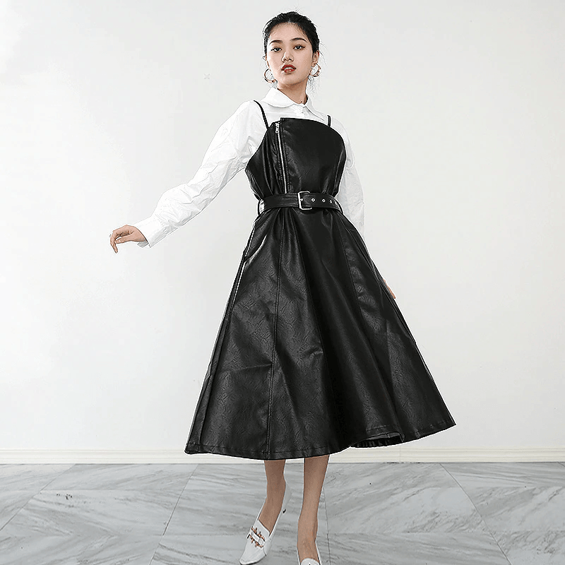 Women's Black A-Line Faux Vegan Leather Midi Dress With Belted Waist