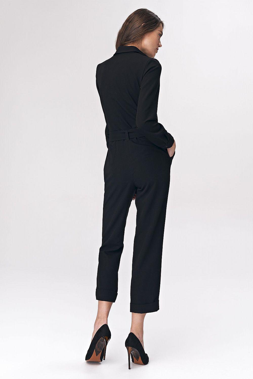 Women’s Black Button-Down Jumpsuit With Tie-Waist, Cropped Legs & Long Sleeves - Lovez Aqua© -