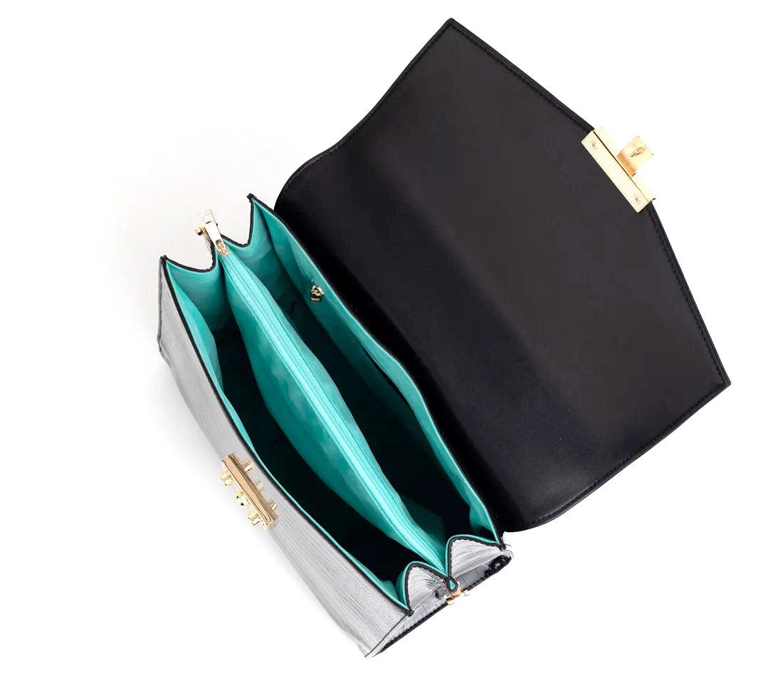 Women's Black Croc-Embossed Vegan Leather Handbag with Golden Accents - Lovez Aqua© -