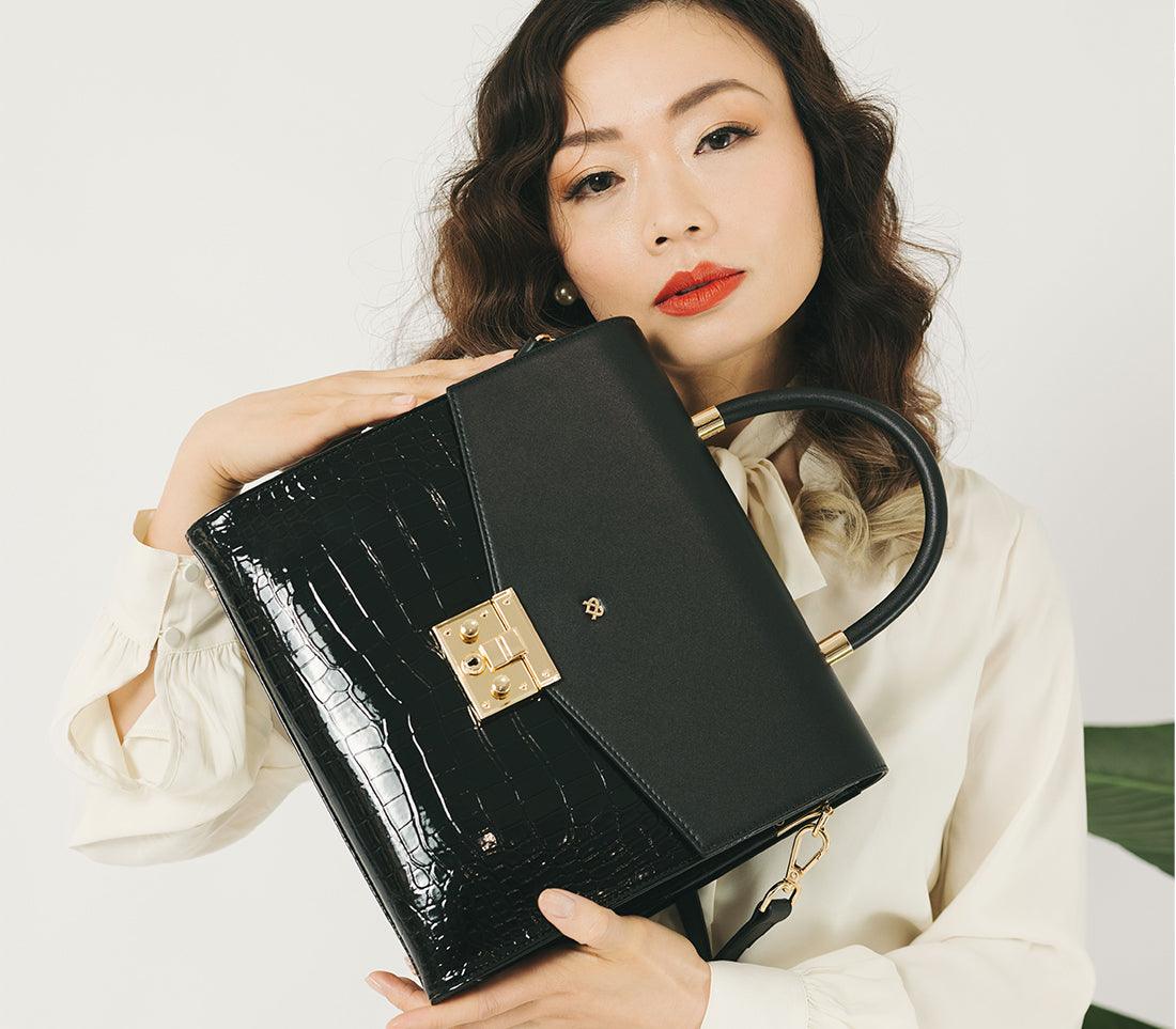 Women's Black Croc-Embossed Vegan Leather Handbag with Golden Accents - Lovez Aqua© -