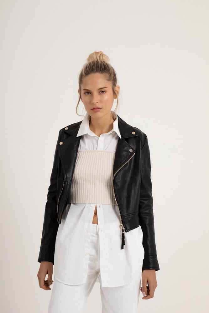 Women's Black Genuine Lambskin Leather Biker Jacket With Zipper
