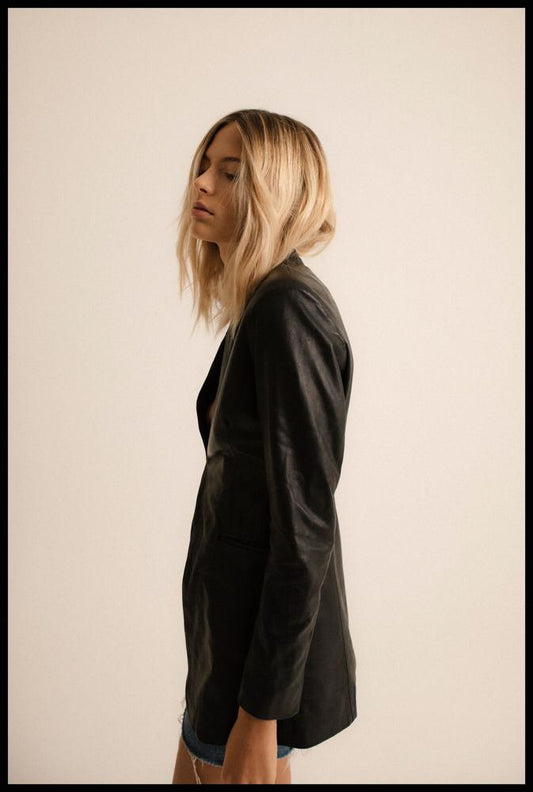 Women's Black Genuine Leather Mid-Length Blazer Jacket - Lovez Aqua© -