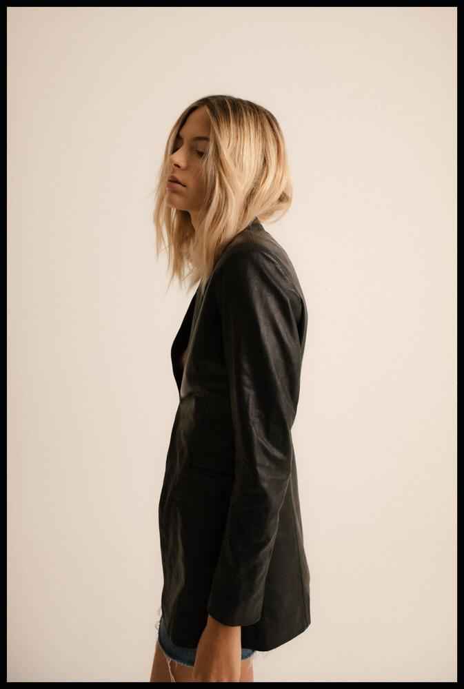Women's Black Genuine Leather Mid-Length Blazer Jacket