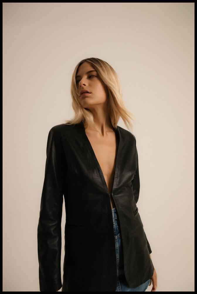 Women's Black Genuine Leather Mid-Length Blazer Jacket
