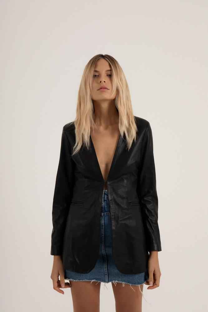 Women's Black Genuine Leather Mid-Length Blazer Jacket