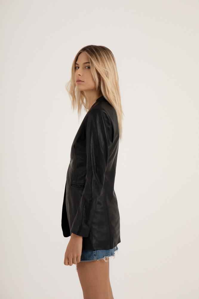 Women's Black Genuine Leather Mid-Length Blazer Jacket
