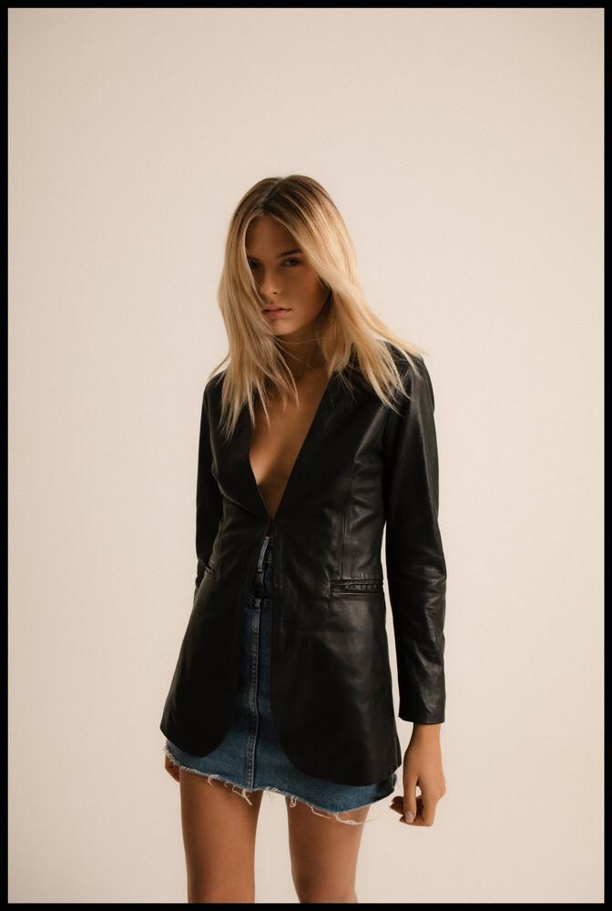 Women's Black Genuine Leather Mid-Length Blazer Jacket - Lovez Aqua© -