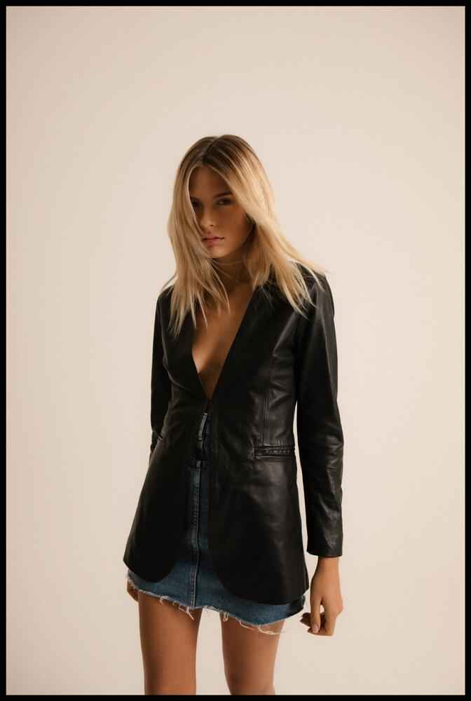 Women's Black Genuine Leather Mid-Length Blazer Jacket