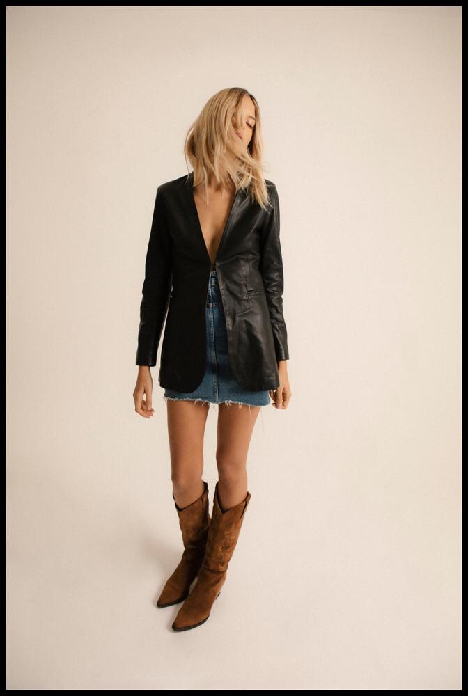 Women's Black Genuine Leather Mid-Length Blazer Jacket - Lovez Aqua© -