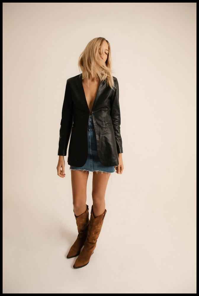 Women's Black Genuine Leather Mid-Length Blazer Jacket